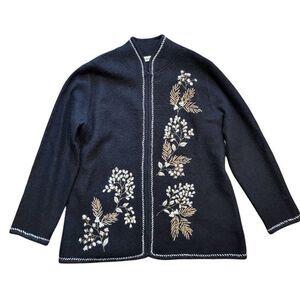 Vintage Coldwater Creek Jacket Women's 1X Black Boiled Wool Beaded Embroidered